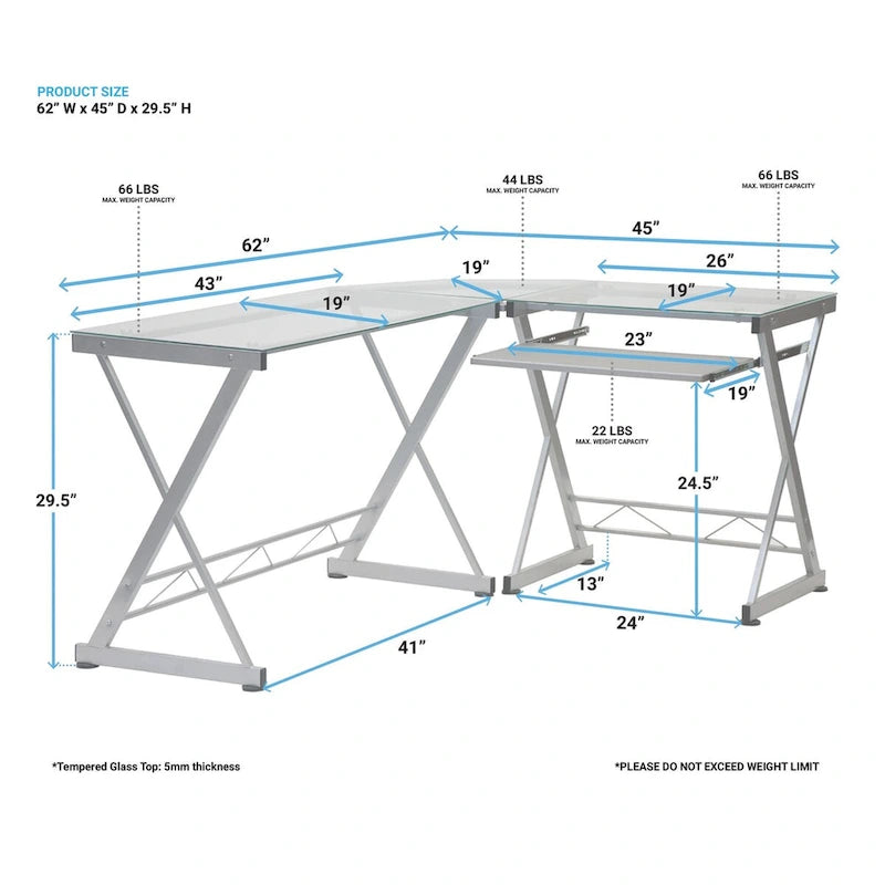 Bureau d'angle en L en verre transparent pour 1 personne