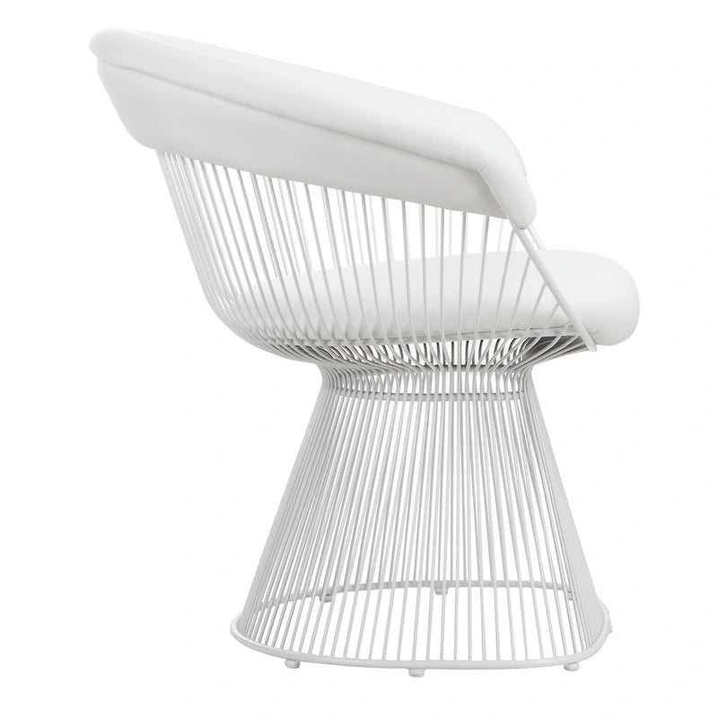 Fauteuil d'appoint en similicuir blanc, dossier incurvé à lattes métalliques, siège simple