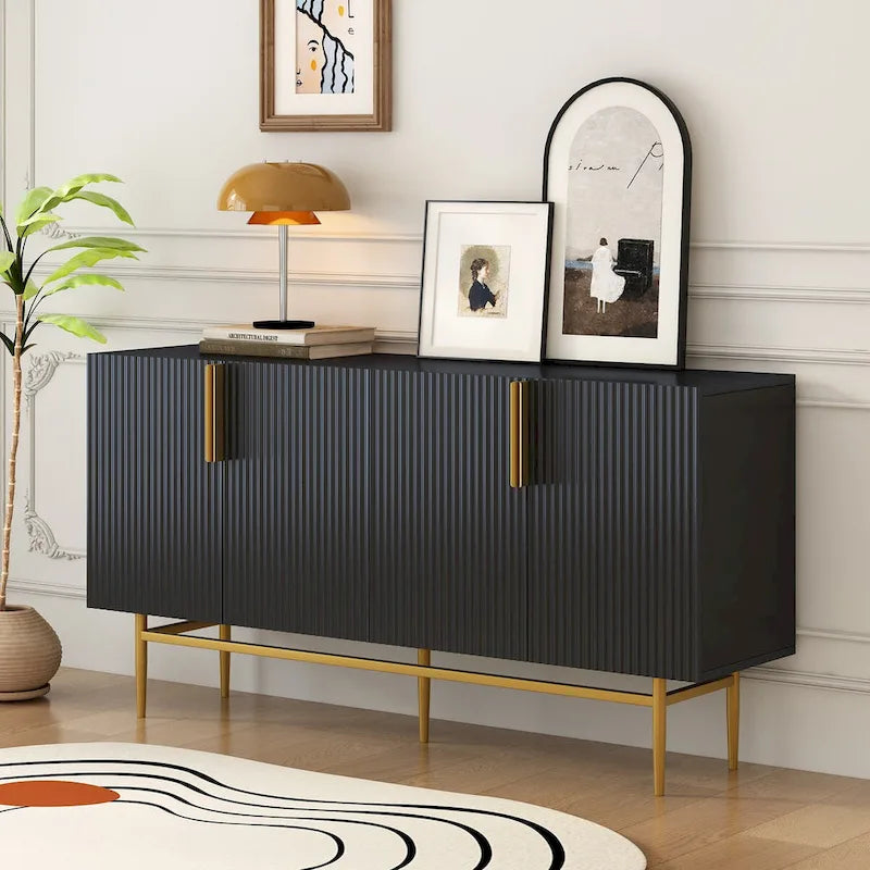 Buffet 4 portes gris/blanc/noir avec poignées dorées, 152,4 cm (L) x 38,6 cm (l) x 78,5 cm (H)