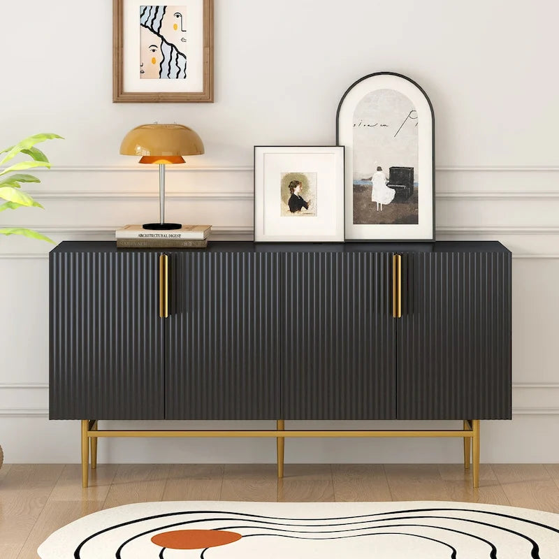 Buffet 4 portes gris/blanc/noir avec poignées dorées, 152,4 cm (L) x 38,6 cm (l) x 78,5 cm (H)