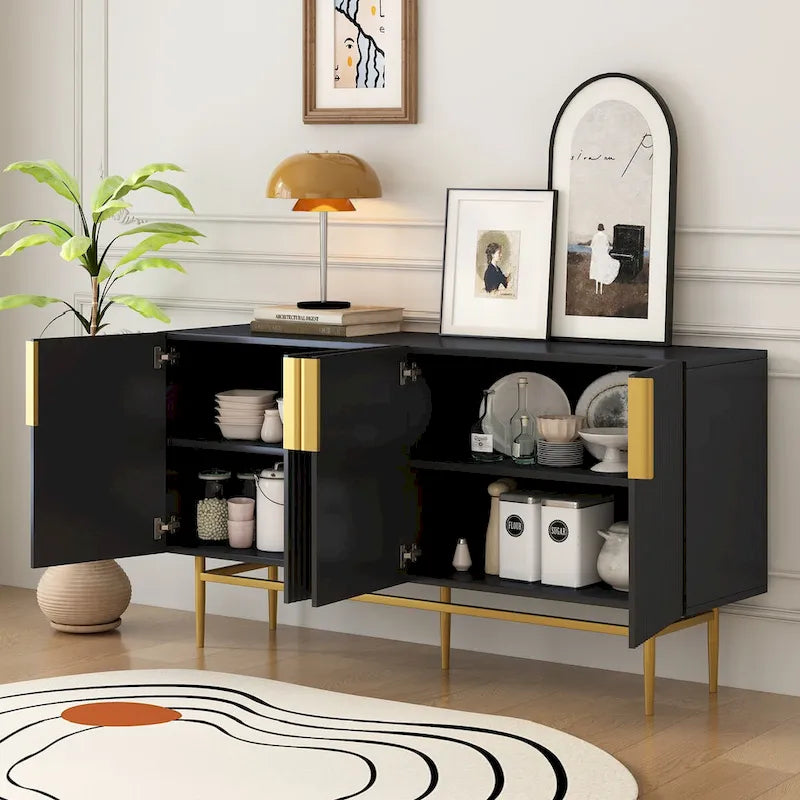 Buffet 4 portes gris/blanc/noir avec poignées dorées, 152,4 cm (L) x 38,6 cm (l) x 78,5 cm (H)