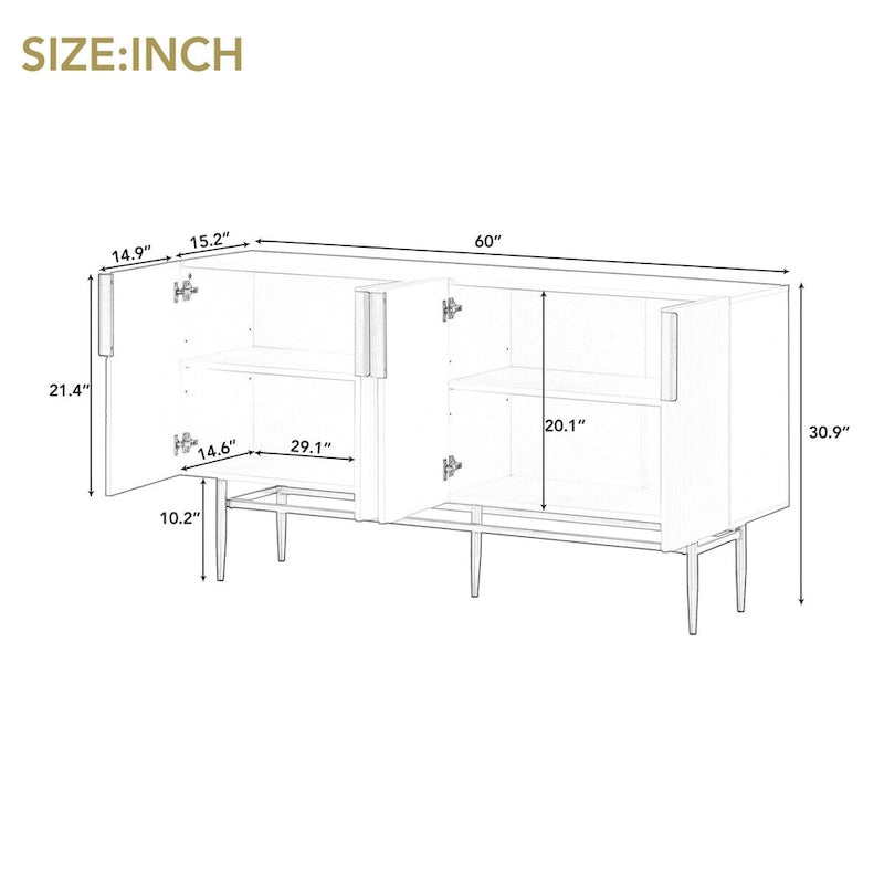 Buffet 4 portes gris/blanc/noir avec poignées dorées, 152,4 cm (L) x 38,6 cm (l) x 78,5 cm (H)
