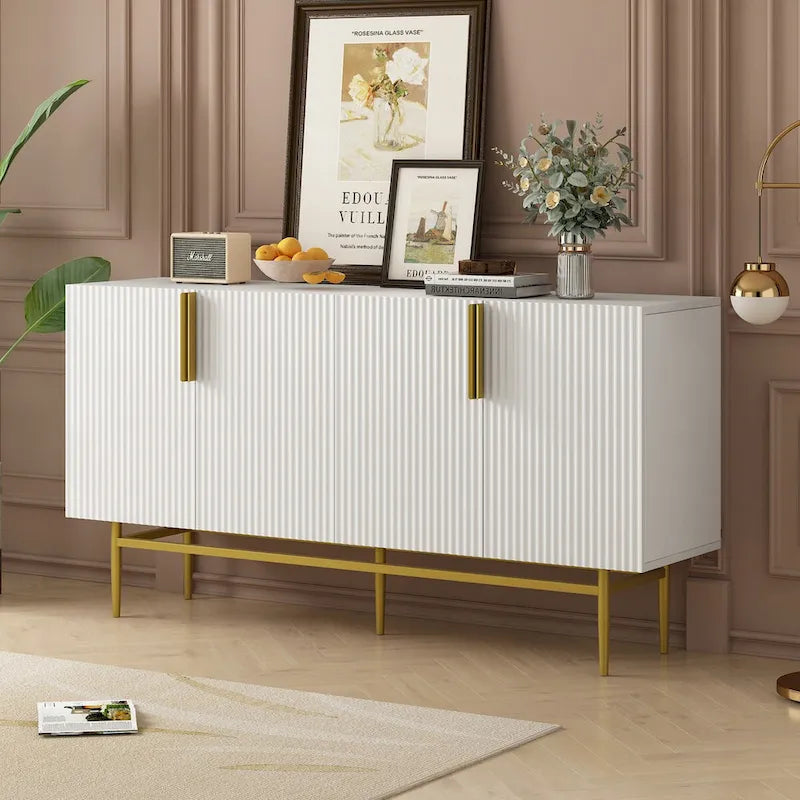 Buffet 4 portes gris/blanc/noir avec poignées dorées, 152,4 cm (L) x 38,6 cm (l) x 78,5 cm (H)