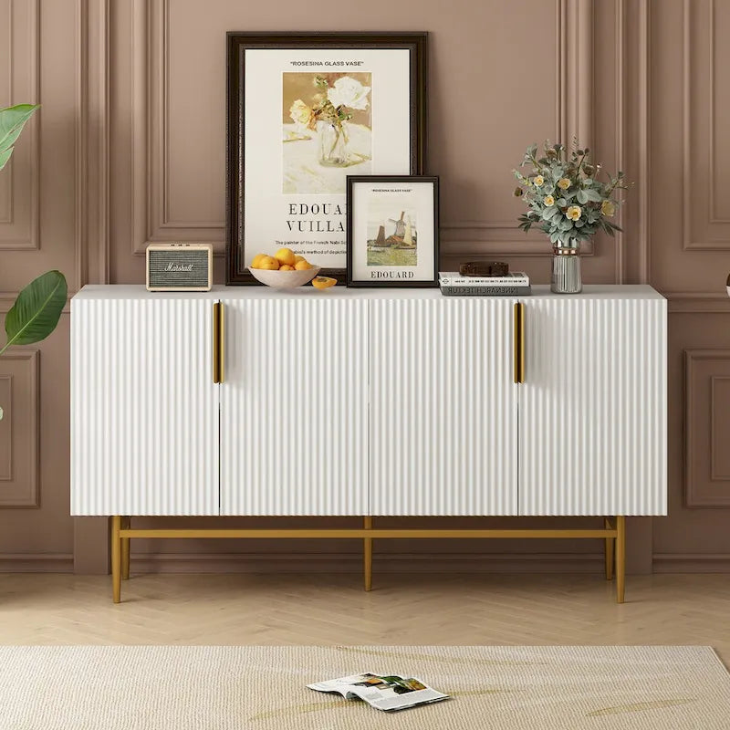 Buffet 4 portes gris/blanc/noir avec poignées dorées, 152,4 cm (L) x 38,6 cm (l) x 78,5 cm (H)