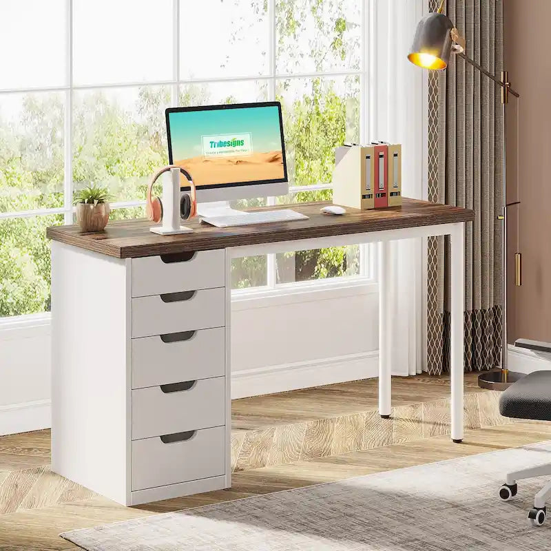 Bureau de 119 cm blanc/marron avec 5 tiroirs, structure métallique, pour une personne