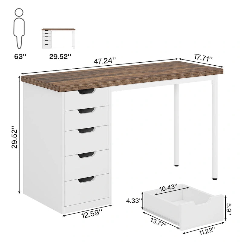 Bureau de 119 cm blanc/marron avec 5 tiroirs, structure métallique, pour une personne
