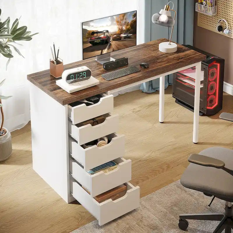 Bureau de 119 cm blanc/marron avec 5 tiroirs, structure métallique, pour une personne