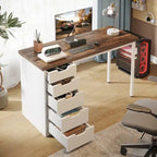 Bureau de 119 cm blanc/marron avec 5 tiroirs, structure métallique, pour une personne