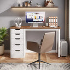 Bureau de 119 cm blanc/marron avec 5 tiroirs, structure métallique, pour une personne