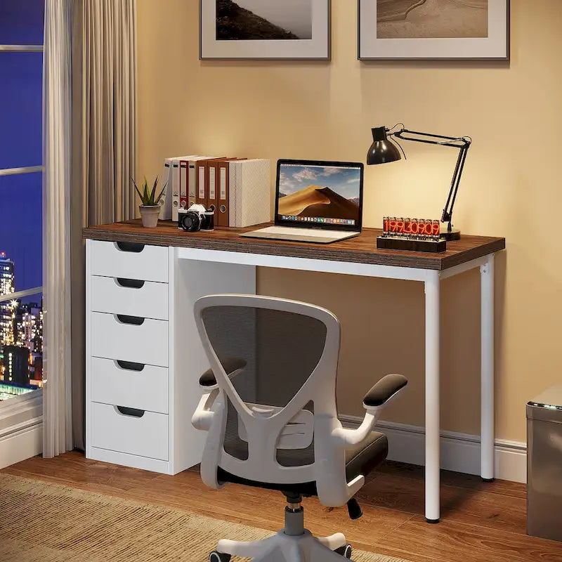 Bureau de 119 cm blanc/marron avec 5 tiroirs, structure métallique, pour une personne