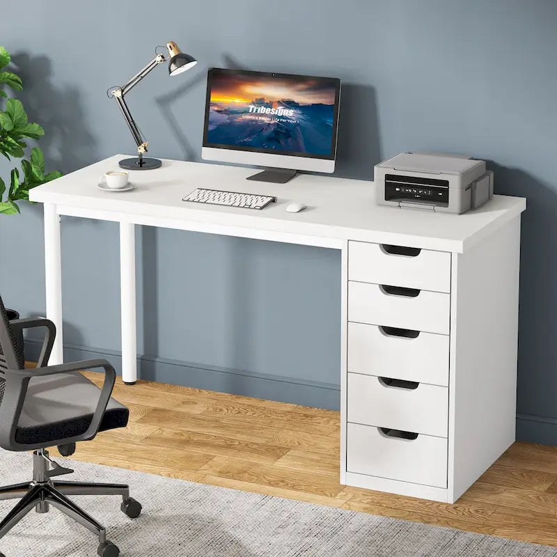 Bureau de 119 cm blanc/marron avec 5 tiroirs, structure métallique, pour une personne