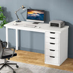 Bureau de 119 cm blanc/marron avec 5 tiroirs, structure métallique, pour une personne