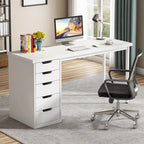 Bureau de 119 cm blanc/marron avec 5 tiroirs, structure métallique, pour une personne