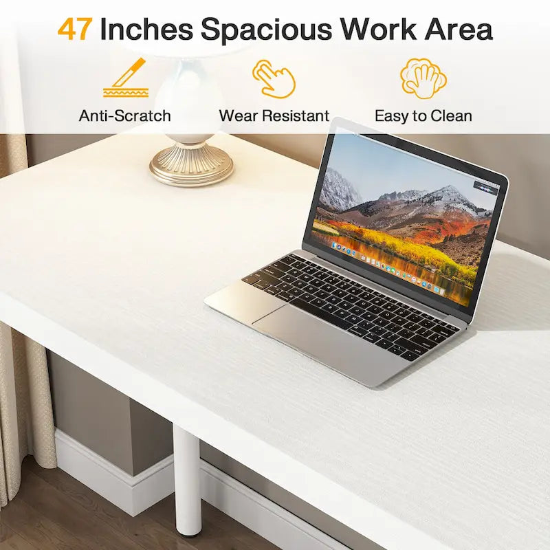 Bureau de 119 cm blanc/marron avec 5 tiroirs, structure métallique, pour une personne