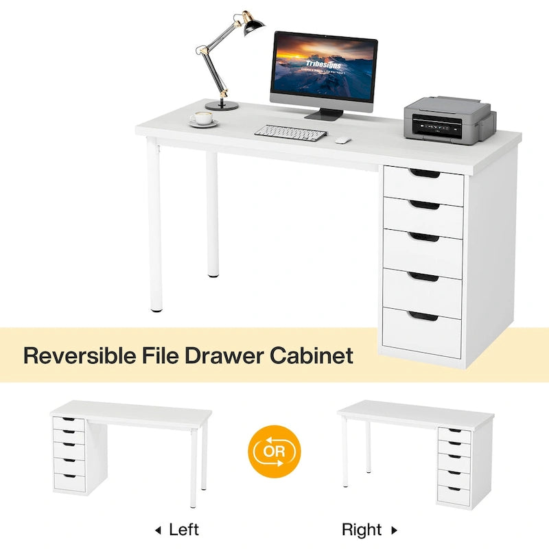 Bureau de 119 cm blanc/marron avec 5 tiroirs, structure métallique, pour une personne