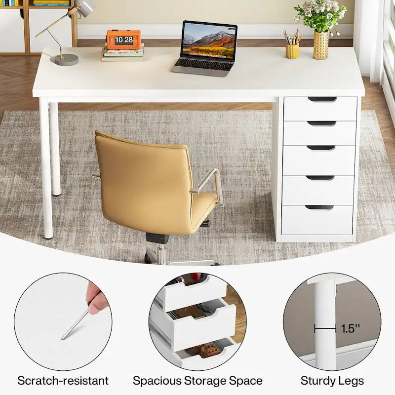 Bureau de 119 cm blanc/marron avec 5 tiroirs, structure métallique, pour une personne