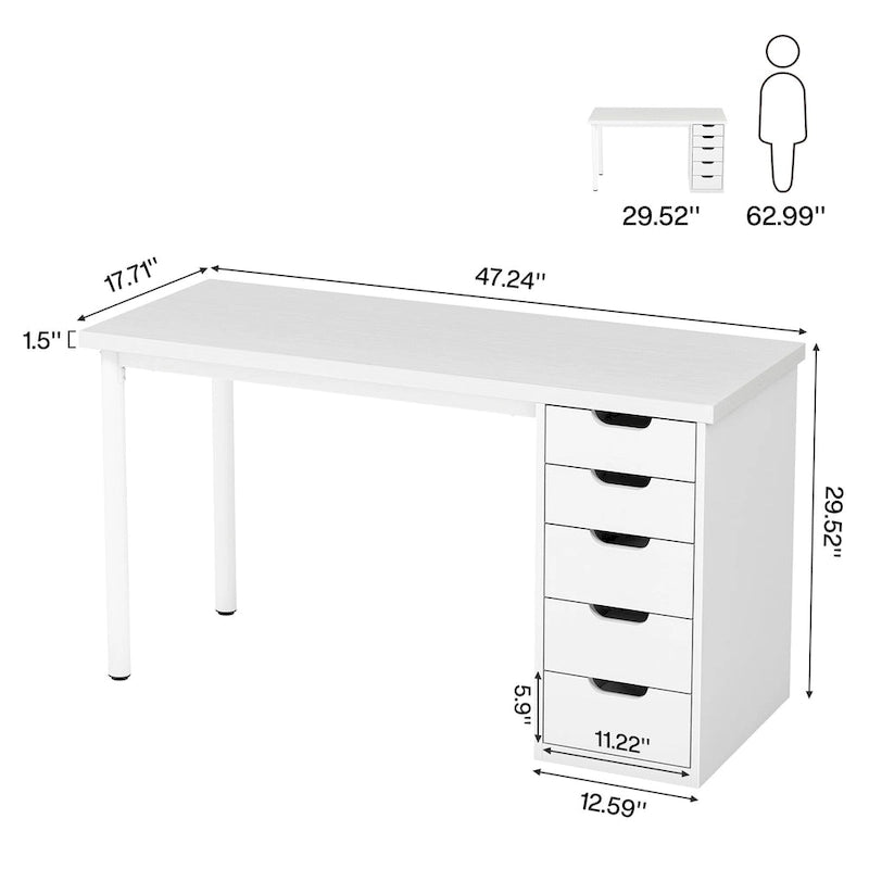 Bureau de 119 cm blanc/marron avec 5 tiroirs, structure métallique, pour une personne