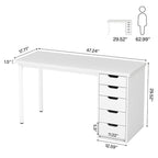 Bureau de 119 cm blanc/marron avec 5 tiroirs, structure métallique, pour une personne