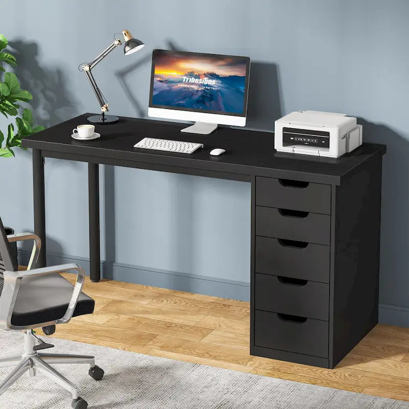 Bureau de 119 cm blanc/marron avec 5 tiroirs, structure métallique, pour une personne