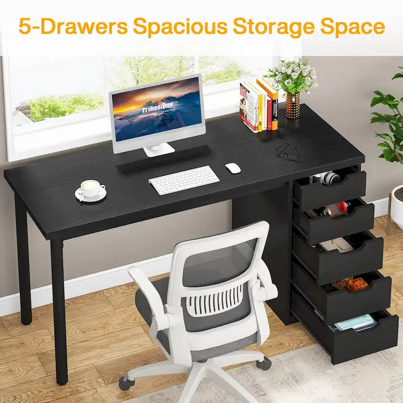 Bureau de 119 cm blanc/marron avec 5 tiroirs, structure métallique, pour une personne