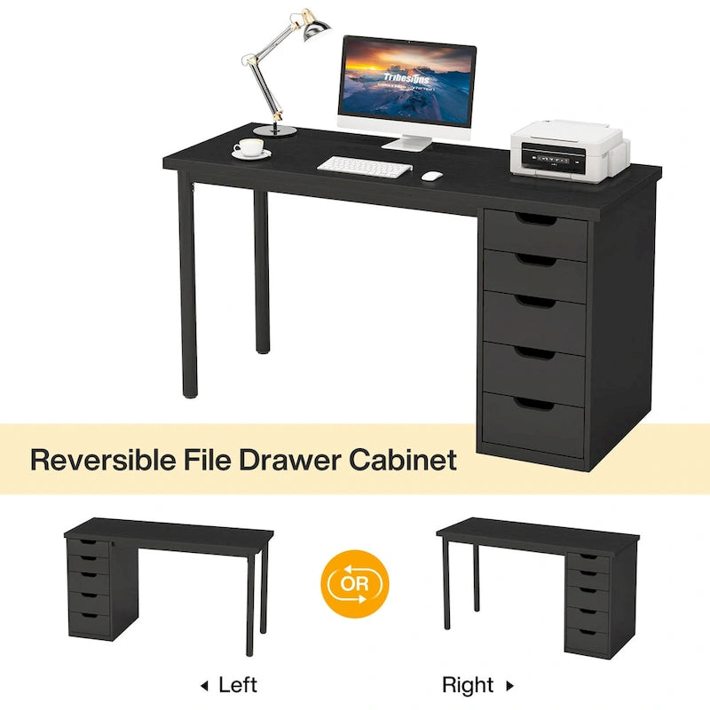 Bureau de 119 cm blanc/marron avec 5 tiroirs, structure métallique, pour une personne