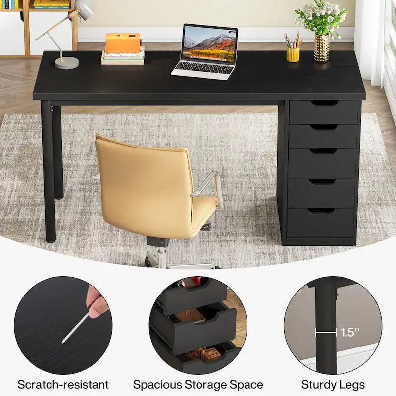 Bureau de 119 cm blanc/marron avec 5 tiroirs, structure métallique, pour une personne