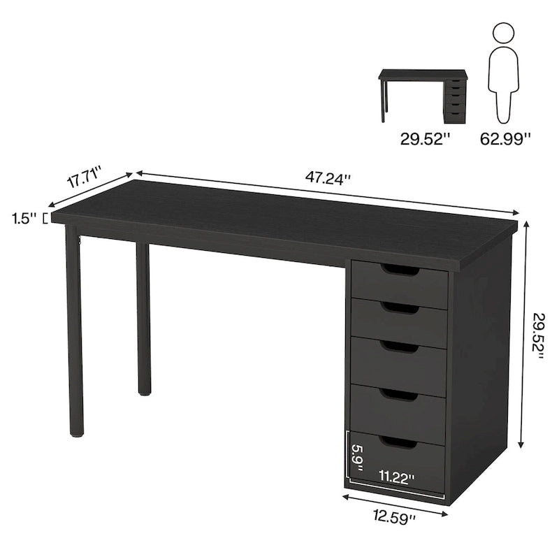 Bureau de 119 cm blanc/marron avec 5 tiroirs, structure métallique, pour une personne