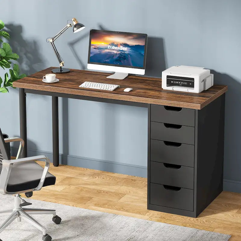 Bureau de 119 cm blanc/marron avec 5 tiroirs, structure métallique, pour une personne