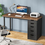 Bureau de 119 cm blanc/marron avec 5 tiroirs, structure métallique, pour une personne
