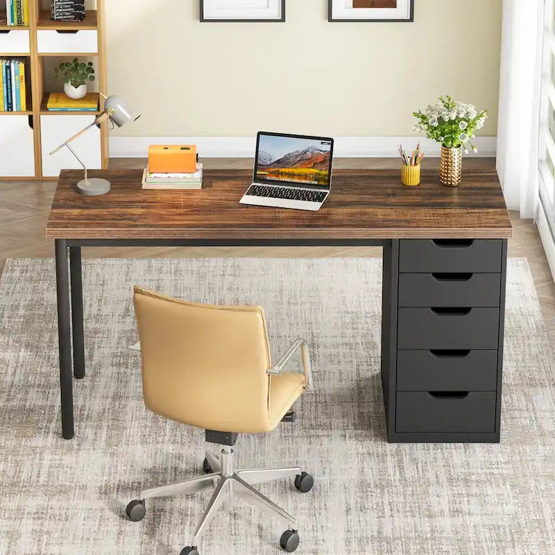 Bureau de 119 cm blanc/marron avec 5 tiroirs, structure métallique, pour une personne