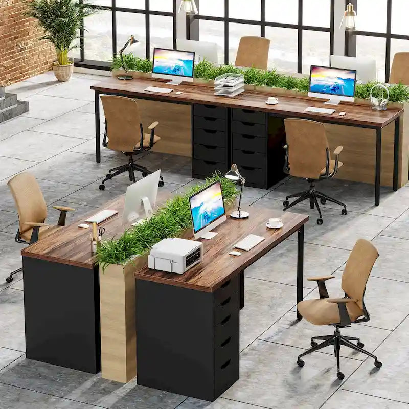 Bureau de 119 cm blanc/marron avec 5 tiroirs, structure métallique, pour une personne