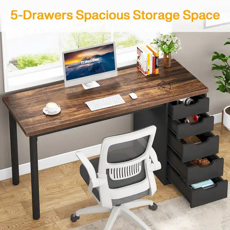 Bureau de 119 cm blanc/marron avec 5 tiroirs, structure métallique, pour une personne