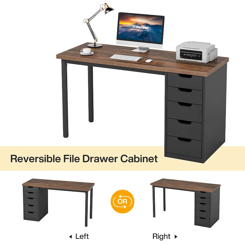 Bureau de 119 cm blanc/marron avec 5 tiroirs, structure métallique, pour une personne