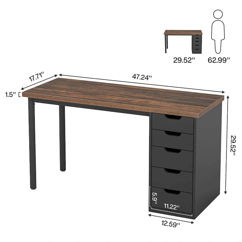 Bureau de 119 cm blanc/marron avec 5 tiroirs, structure métallique, pour une personne