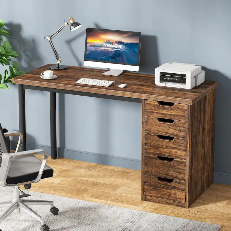 Bureau de 119 cm blanc/marron avec 5 tiroirs, structure métallique, pour une personne