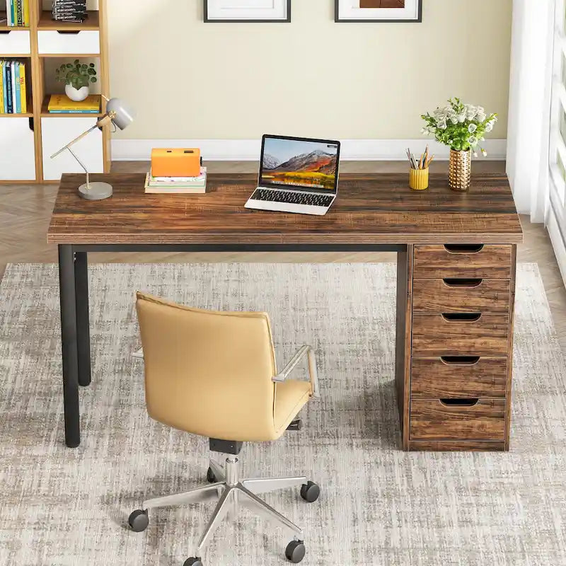 Bureau de 119 cm blanc/marron avec 5 tiroirs, structure métallique, pour une personne