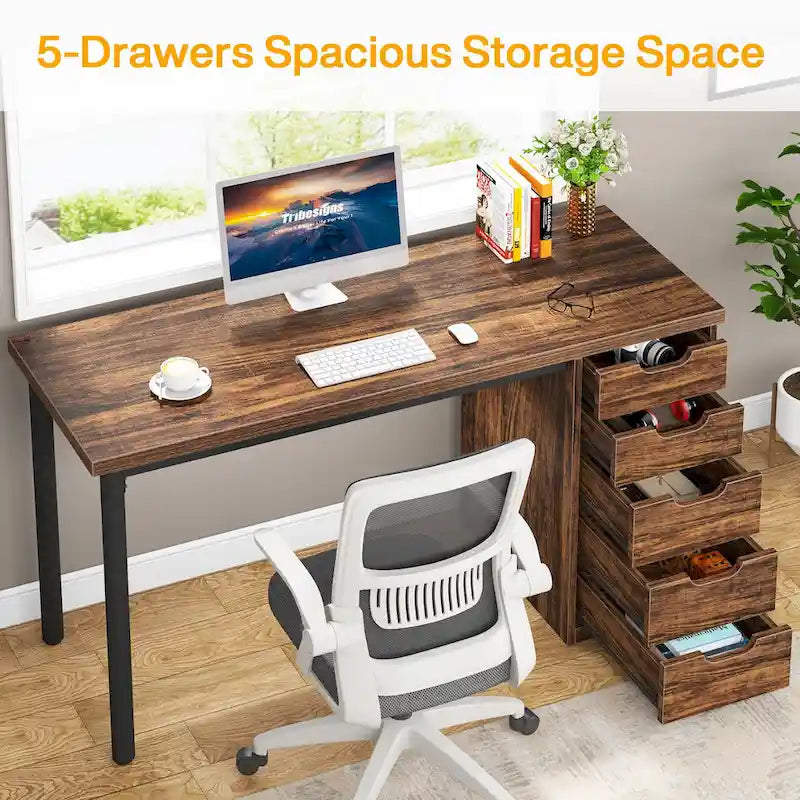 Bureau de 119 cm blanc/marron avec 5 tiroirs, structure métallique, pour une personne