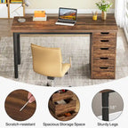 Bureau de 119 cm blanc/marron avec 5 tiroirs, structure métallique, pour une personne