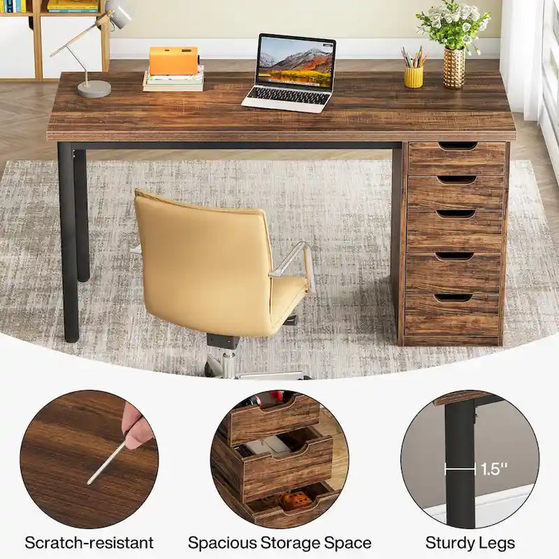 Bureau de 119 cm blanc/marron avec 5 tiroirs, structure métallique, pour une personne