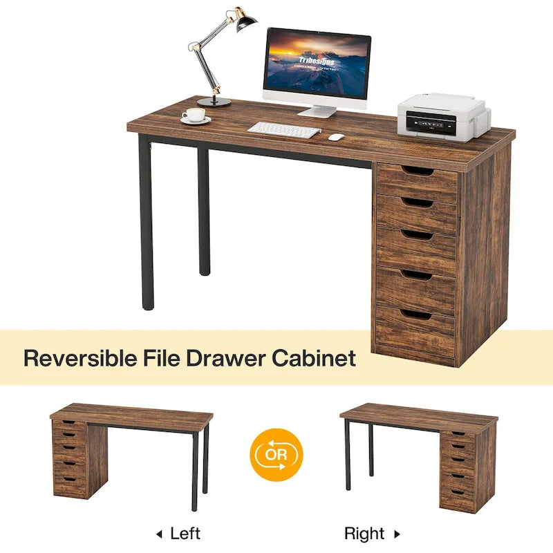 Bureau de 119 cm blanc/marron avec 5 tiroirs, structure métallique, pour une personne