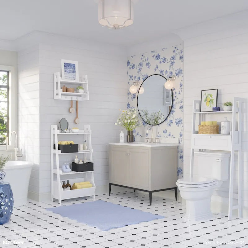 Étagère échelle blanche à placer au-dessus des toilettes avec porte abattante
