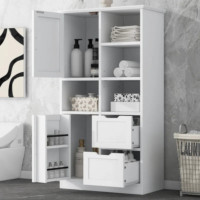 Meuble de rangement blanc sur pied avec portes, tiroirs et étagères ouvertes