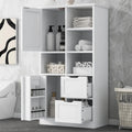 Meuble de rangement blanc sur pied avec portes, tiroirs et étagères ouvertes