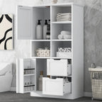 Meuble de rangement blanc sur pied avec portes, tiroirs et étagères ouvertes