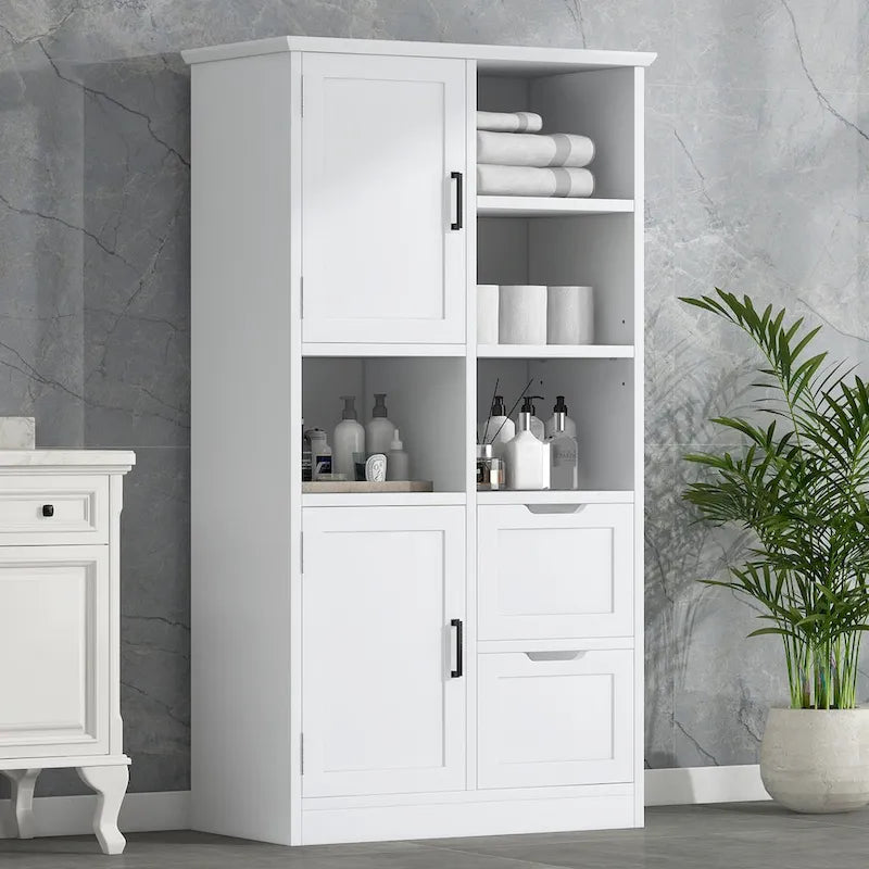 Meuble de rangement blanc sur pied avec portes, tiroirs et étagères ouvertes