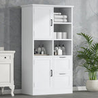 Meuble de rangement blanc sur pied avec portes, tiroirs et étagères ouvertes