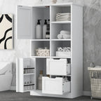 Meuble de rangement blanc sur pied avec portes, tiroirs et étagères ouvertes