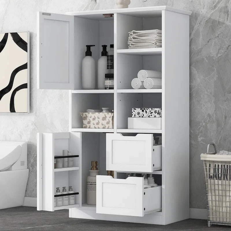 Meuble de rangement blanc sur pied avec portes, tiroirs et étagères ouvertes