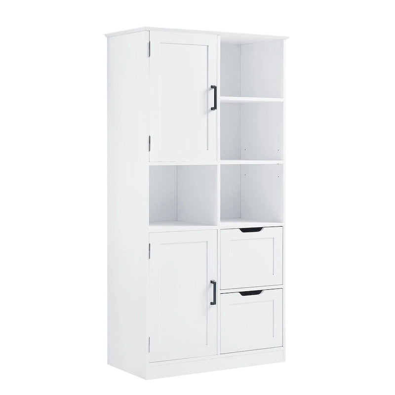 Meuble de rangement blanc sur pied avec portes, tiroirs et étagères ouvertes