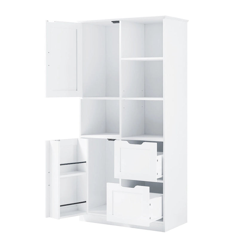 Meuble de rangement blanc sur pied avec portes, tiroirs et étagères ouvertes